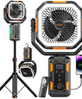 Powerful Portable Camping Fan with Adjustable Height Stand and 30000mAh Battery, remote control, built-in LED light, and auto oscillation.