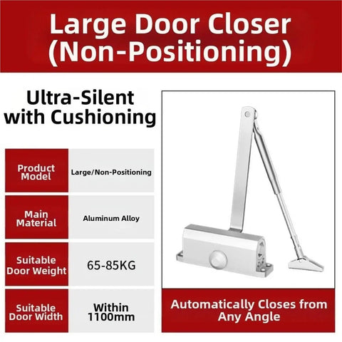 Mute Soft Closing Door Closer For Aluminum Alloy Doors, Adjustable 25-85 KG Weight Capacity, Fits Up To 1100mm Wide, Silver Finish