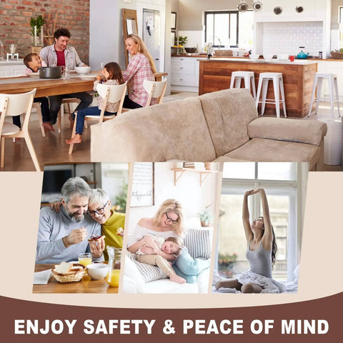 Collage of families enjoying different activities at home, depicting safety and peace of mind in various rooms.