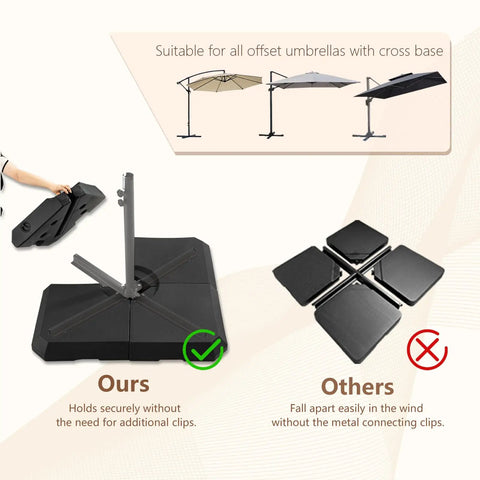 Comparison of Beefy Heavy Duty Base Weights Stand For Offset Cantilever Patio Umbrella 317 Lb Capacity 4 Piece Set Black Weatherproof Recycled Plastic Easy Fill Spout and standard weights.