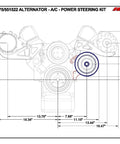 Technical drawing of SBC Alternator Power Steering AC Bracket Kit For Long Water Pump V Belt System showing dimensions and placements.