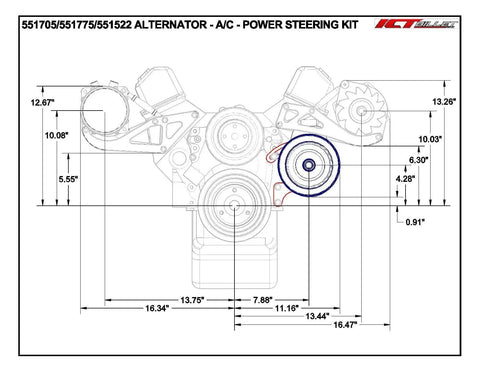 Technical drawing of SBC Alternator Power Steering AC Bracket Kit For Long Water Pump V Belt System showing dimensions and placements.