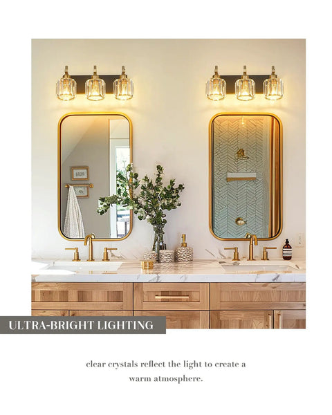 Bathroom with Crystal Vanity Light 3 Light Over Mirror Modern Bathroom Fixture In Polished Gold Finish With K9 Crystal Beads