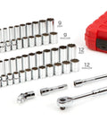Three Eighths Inch Drive Shallow And Deep Twelve Point Socket And Ratchet Set Pro Grade With Case, Forty Six Piece Set