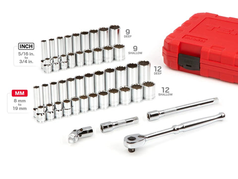 Three Eighths Inch Drive Shallow And Deep Twelve Point Socket And Ratchet Set Pro Grade With Case, Forty Six Piece Set