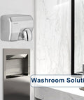 High Speed 1600W Wall Mounted Commercial Hand Dryer Stainless Steel Electric Hand Dryer For Bathrooms 110V Plug In Warm Wind Blower Fast 8 To 10 Second Dry Quiet Industrial Restroom Solution in a modern bathroom setting.
