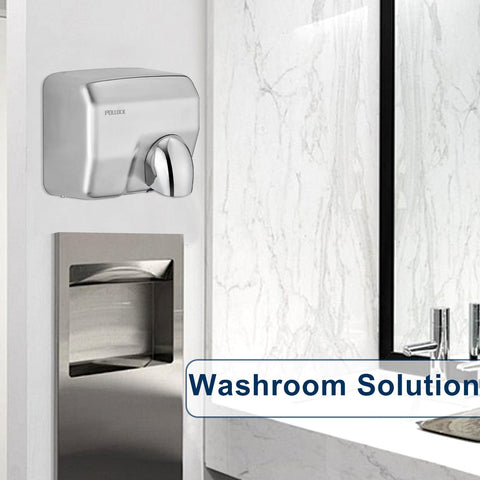 High Speed 1600W Wall Mounted Commercial Hand Dryer Stainless Steel Electric Hand Dryer For Bathrooms 110V Plug In Warm Wind Blower Fast 8 To 10 Second Dry Quiet Industrial Restroom Solution in a modern bathroom setting.