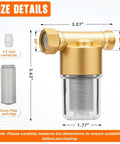 40 Micron Brass Sediment Filter dimensions showing size details with extra cartridge and 1/2 inch connector for washing machines and gardens
