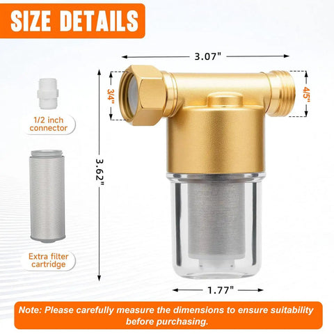 40 Micron Brass Sediment Filter dimensions showing size details with extra cartridge and 1/2 inch connector for washing machines and gardens