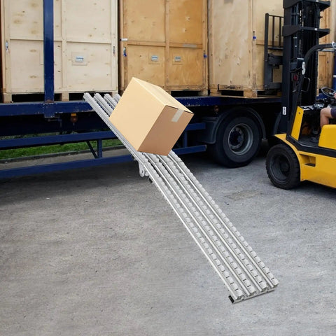 Heavy Duty Foldable Gravity Roller Conveyor Ramp With Sturdy Galvanized Iron And Pe Build assisting a box moving into a truck.