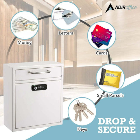 Secure Wall Mounted Mailbox Drop Box With Key Or Combo Lock Heavy Duty 16 Gauge Steel ideal for deposits and letter drops