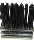 Transfer Punch Set 3/32 to 17/32 Inches, Machinist Grade Hole Alignment Tools displayed in steel stand