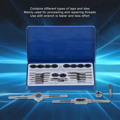 Pro Grade Hard Alloy Steel Tap Die Kit For Thread Repair, Manual Wrench Set, Tough As Nails Industrial Tools For Mending Male And Female Threads, Precision, Heavy Duty, All Purpose Thread Repair Kit in blue iron box with taps, dies, and wrenches