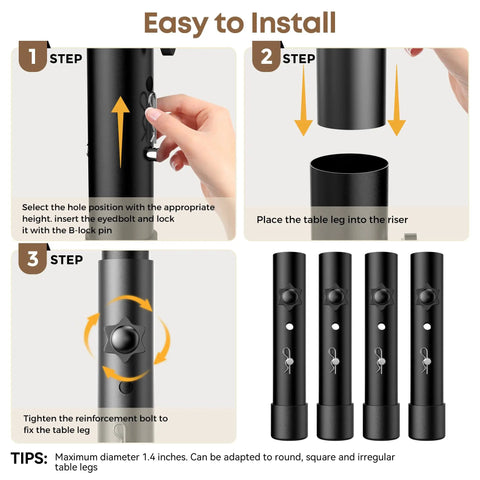 Installation steps for Four Pack Legit Heavy Duty Table Leg Extenders Adjustable Risers for Folding Tables.