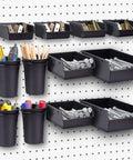 12 Pack Pegboard Bins And Cups Set For One Eighth And One Quarter Inch Pegboard Wall Organizer with tools and hardware