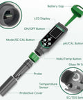 All In One Digital Water Tester With Large Color Screen For Simultaneous pH EC TDS And Temperature Readouts, 4 In 1 device parts labeled