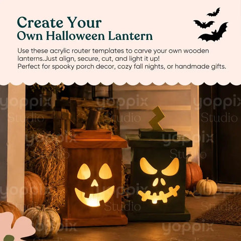 Top Tier 10 Pack Halloween Acrylic Router Template Kit Features Killer Ghost Bat Spider And Witch Hat Patterns Built For Hassle Free DIY Woodworking Stencils And Seasonal Crafts, carved wooden lanterns with spooky designs.