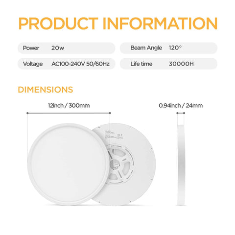 Side and back view of 2 Pack 12 Inch LED Flush Mount Ceiling Light Fixtures With Color Temperature Adjustable 3000K To 6500K