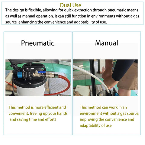 Dual-use 6.5L Oil Extractor Pneumatic And Manual Fluid Change Pump with hoses for vacuum and manual operation demonstration.