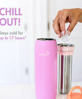 On The Go Breast Milk Chiller And Storage Container For Pumping Parents Double Walled Stainless Steel Keeps Fresh Milk Chill Up To 17 Hours 10 Oz Purple with ice being added.