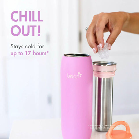 On The Go Breast Milk Chiller And Storage Container For Pumping Parents Double Walled Stainless Steel Keeps Fresh Milk Chill Up To 17 Hours 10 Oz Purple with ice being added.