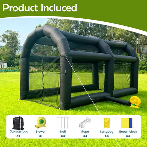 Inflatable Baseball Hitting Cage With Blower For Backyard Practice, Portable Batting And Pitching Tent, black on lawn with accessories