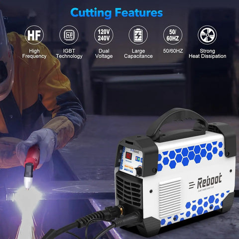 60 Amp Plasma Cutter Dual Voltage 120V 240V With Digital IGBT Inverter Touch Arc Start, showing workshop use
