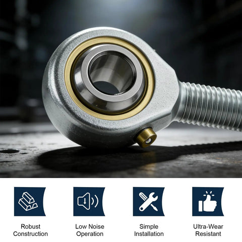 Four Pack POSB5 Male Rod End Bearings, 5/16 Bore, 5/16-24 Right Hand Thread, Self Lubricating Joint For Hydraulic Cylinders And Automation Equipment, Heavy Duty Steel With Zinc Plated Finish For Tough, Long-Lasting Performance, close-up threaded bearing