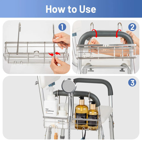 Sturdy 304 Stainless Steel Shower Caddy Hanging Organizer for Shower Chairs and Benches Designed for Elderly Seniors and Disabled