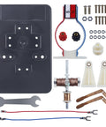 DIY Electric Motor Kit for Hands-On Learning parts layout including frame, motor, wires, and tools on a white background.