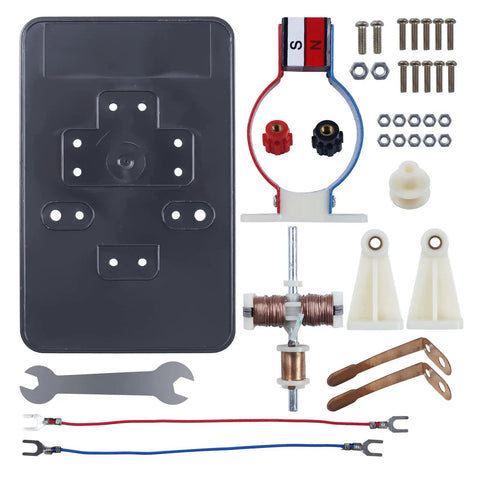 DIY Electric Motor Kit for Hands-On Learning parts layout including frame, motor, wires, and tools on a white background.