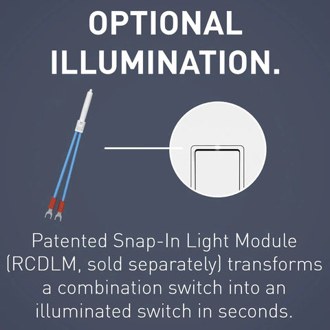Diagram showing snap-in light module for Radiant 15 Amp 2 In 1 Decorator Rocker Light Switch With Two 3 Way Switches White Wall Switch.