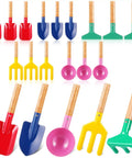 15 Piece Kids Beach Sand Toys And Garden Tool Set with Shovel Rake Fork Trowel Hoe, painted metal with wooden handles, assorted colors.