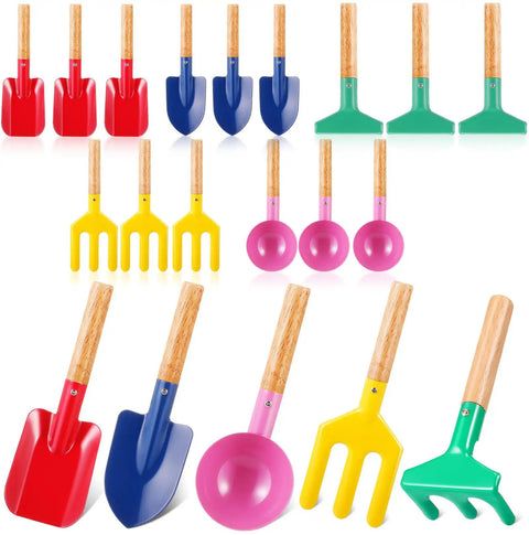 15 Piece Kids Beach Sand Toys And Garden Tool Set with Shovel Rake Fork Trowel Hoe, painted metal with wooden handles, assorted colors.