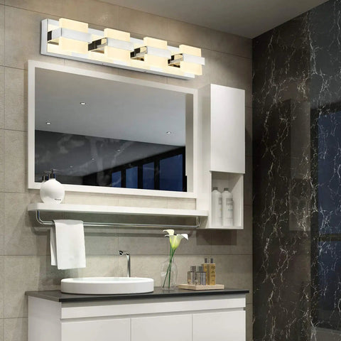 Bathroom with 4 Light Chrome LED Vanity Light Fixtures Over Mirror, Modern Bathroom Lighting, 27 Inch, Warm White Glow, Sleek Design