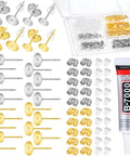 600 Piece Stainless Steel Earring Post And Back Set For Do It Yourself Jewelry Making Dope Hypoallergenic Silver And Gold Posts With Rubber Backs Includes 4mm And 6mm Posts And 200 Backs, showing earring components and glue.