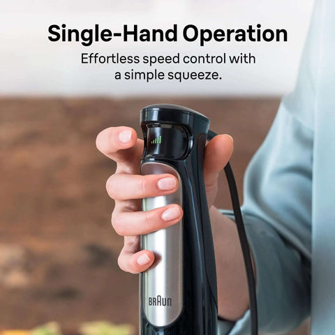 Single-hand operation of Badass 3-In-1 Hand Blender And Food Processor featuring Smart Speed Tech for effortless mixing.