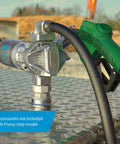 Plug And Play 20 GPM 12 Volt DC Fuel Transfer Pump Portable Diesel Gas Kerosene Rig With Tank Adapter and Fuse Kit on a metallic surface.