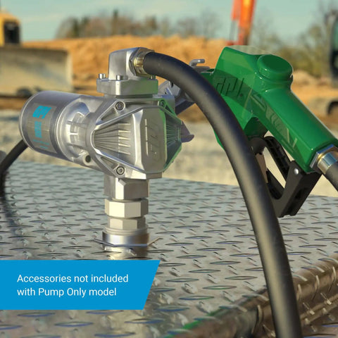 Plug And Play 20 GPM 12 Volt DC Fuel Transfer Pump Portable Diesel Gas Kerosene Rig With Tank Adapter and Fuse Kit on a metallic surface.