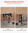 Heavy Duty Portable Table Saw Stand Built Like A Tank With Sweet Rolling Wheels And A Quick Fold Design for easy transport and storage.