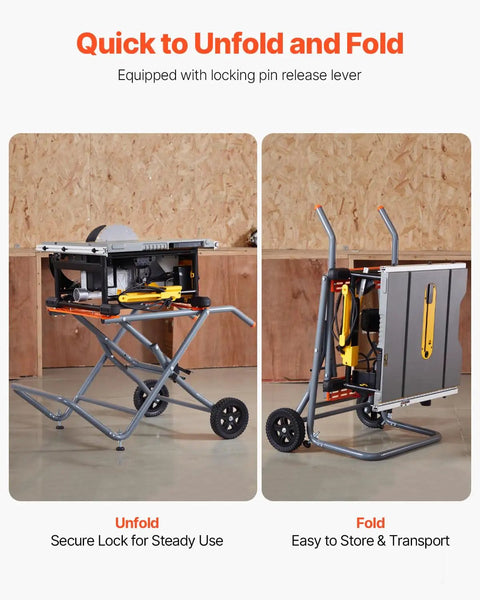 Heavy Duty Portable Table Saw Stand Built Like A Tank With Sweet Rolling Wheels And A Quick Fold Design for easy transport and storage.