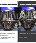 Side-by-side image showing dirt bike suspension with and without 270mm Rear Shock Absorber Protector Cover installed.