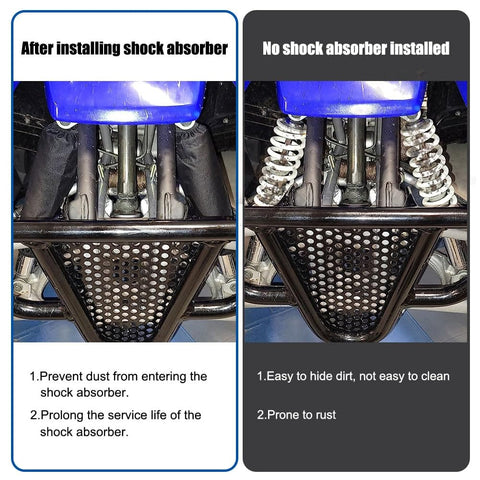 Side-by-side image showing dirt bike suspension with and without 270mm Rear Shock Absorber Protector Cover installed.
