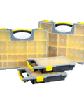 Set Of Four Plastic Clear Top Tool And Parts Organizer Box Set For Grab And Go Garage, Workshop, And Craft Room With Three Size Compartments In Yellow And Black Durable Clear Lids For Easy Visibility And Quick Access, showing stackable boxes with clear lids.