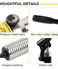 Close-up details of 5 Ton Hydraulic Gear Puller Kit With Adjustable 2 Or 3 Jaws, showing pressure relief valve and piston rod.