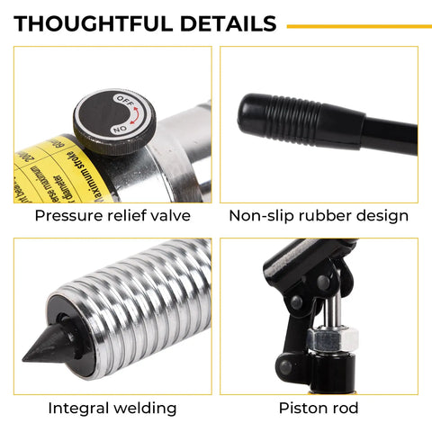 Close-up details of 5 Ton Hydraulic Gear Puller Kit With Adjustable 2 Or 3 Jaws, showing pressure relief valve and piston rod.