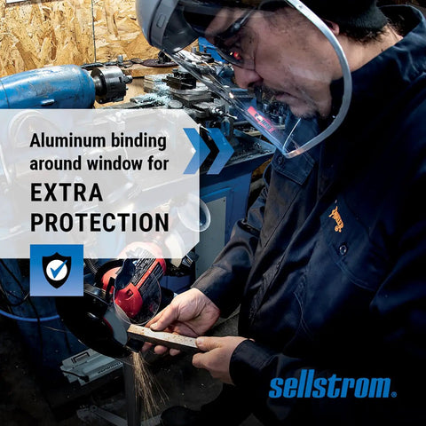 User wearing Advantage Face Shield With Crown And Ratchet Headgear Pro Grade Lightweight Protective Mask for grinding.
