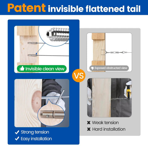 Comparison showing invisible clean view versus exposed view for Twenty Pack One Eighth Inch Swageless Invisible Cable Railing Kit.