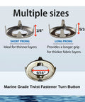Marine-grade twist fastener turn button eyelet for canvas; short 1/4 prong, long 5/16 prong; 9/16 eye opening; 10-pack