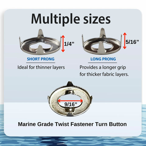 Heavy Duty Marine Twist Fasteners And Turn Button Eyelets With Long Prongs showing short and long prong sizes for boat canvas.